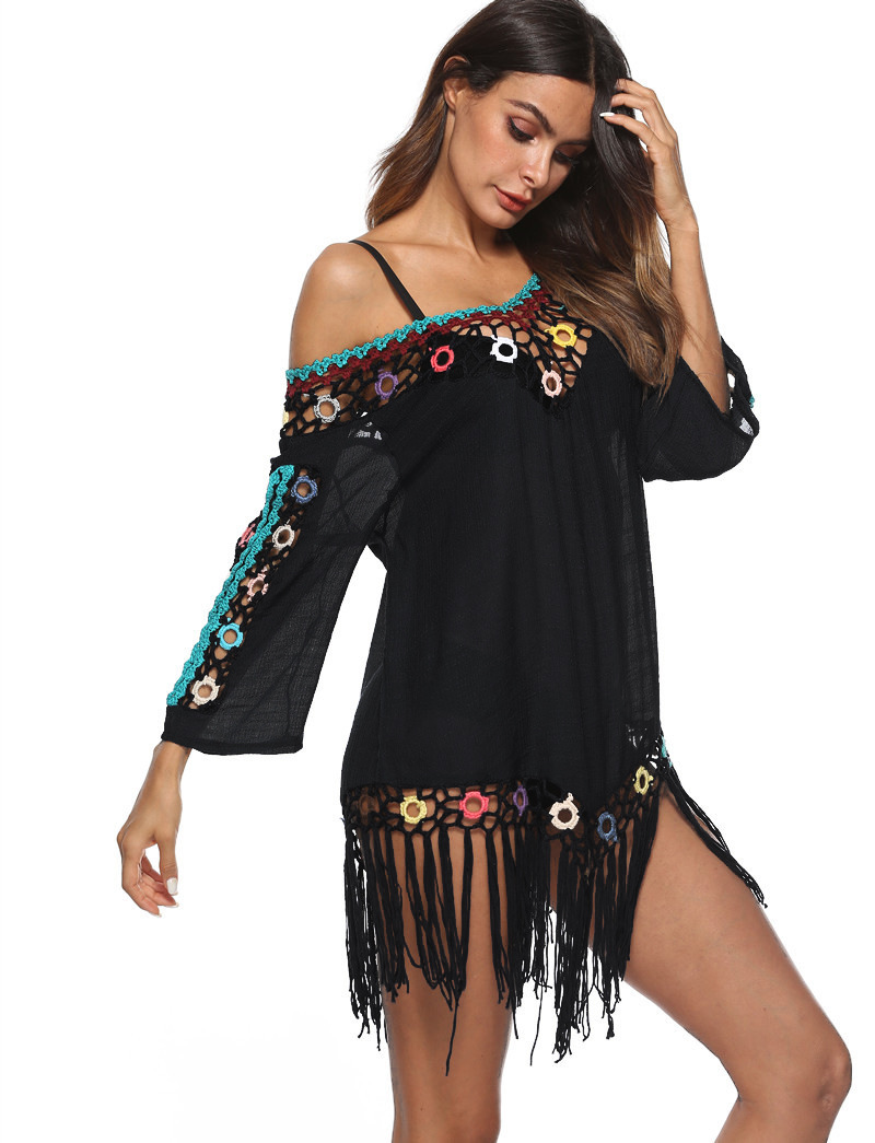 Womens Boho Beach Cover-Up With Tassel Hem - Sexy Crochet V-Neck Beach Dress